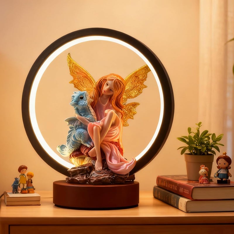 Hmusnwol Store Fairy Dragon Figurine Lamp - Fairy Collection Pixie Statue with 6.15 inch LED Circle Table Lamp for Gifts,Fantasy/Bedroom/Bookshelf/Desk Decoration - Image 1